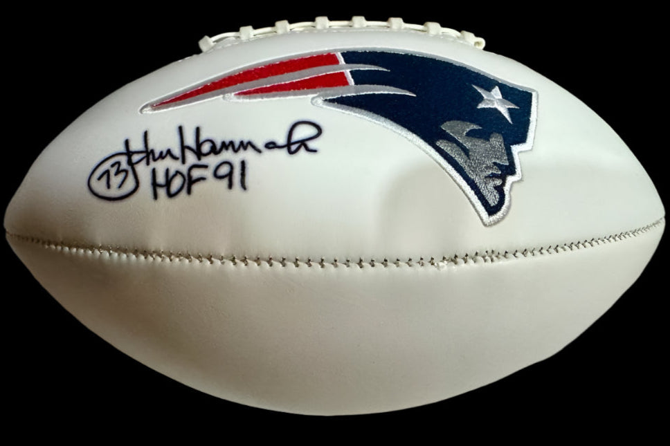 John Hannah Signed White Patriots Logo Football with Career Statistics - Schwartz COA